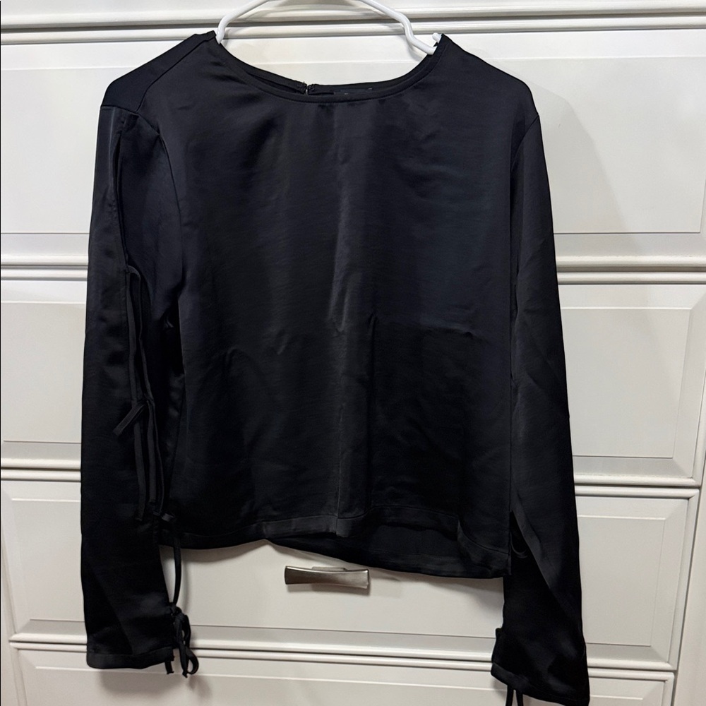 Express Satin Crew Neck Bow Long Sleeve Blouse - Picture 3 of 6